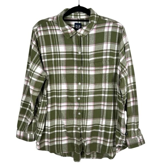 GAP‎ Women's Long Sleeve Button Down Relaxed Fit Flannel Shirt Size XL Green - Picture 1 of 10